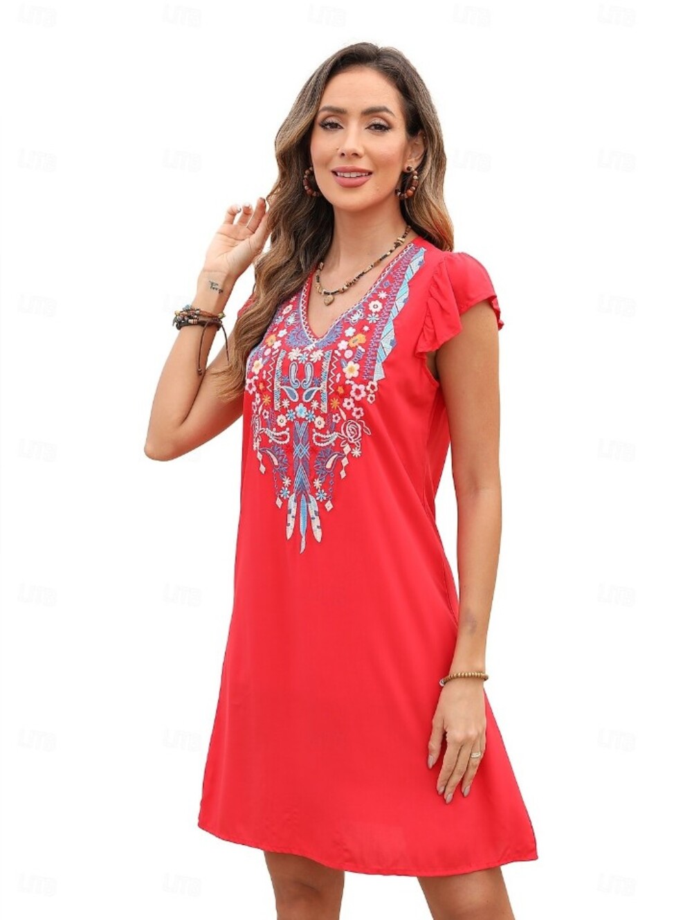 vakakado Red Boho Embroidered V-Neck Flutter Sleeve Dress - Size L